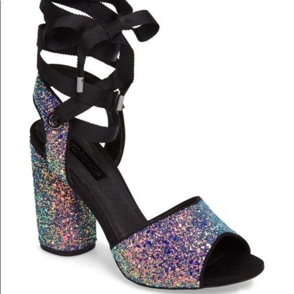 Topshop Royal Glitter Lace Up Heeled Open Toe Sandals 8.5 - Picture 1 of 10